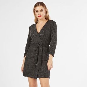Black Sequin Wrap Dress with Belt
